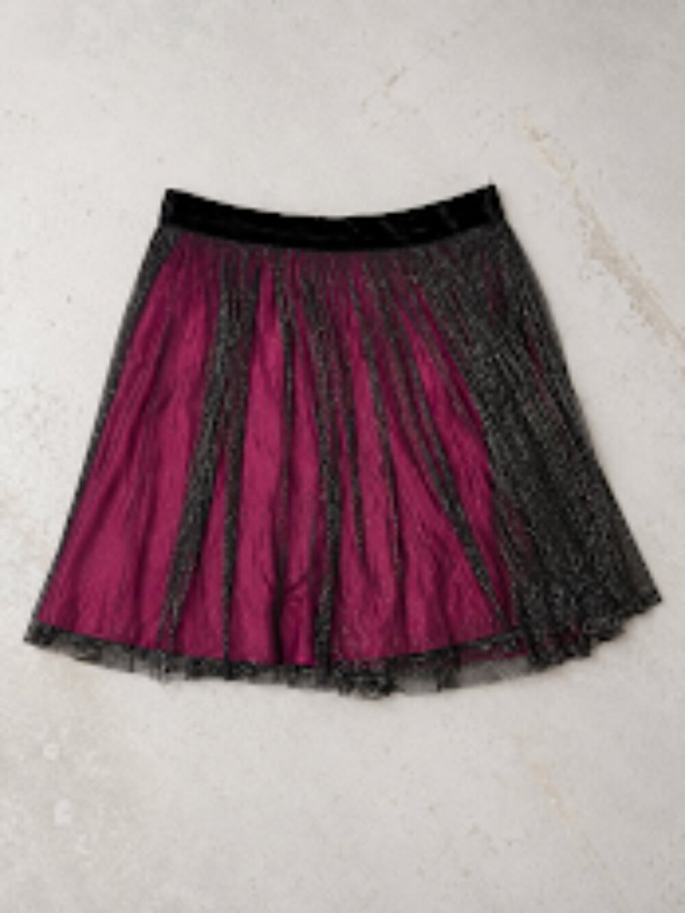 Whimsigoth Pleated Skirt Black Mesh Magenta Lining Velvet Waist Band Fairygoth